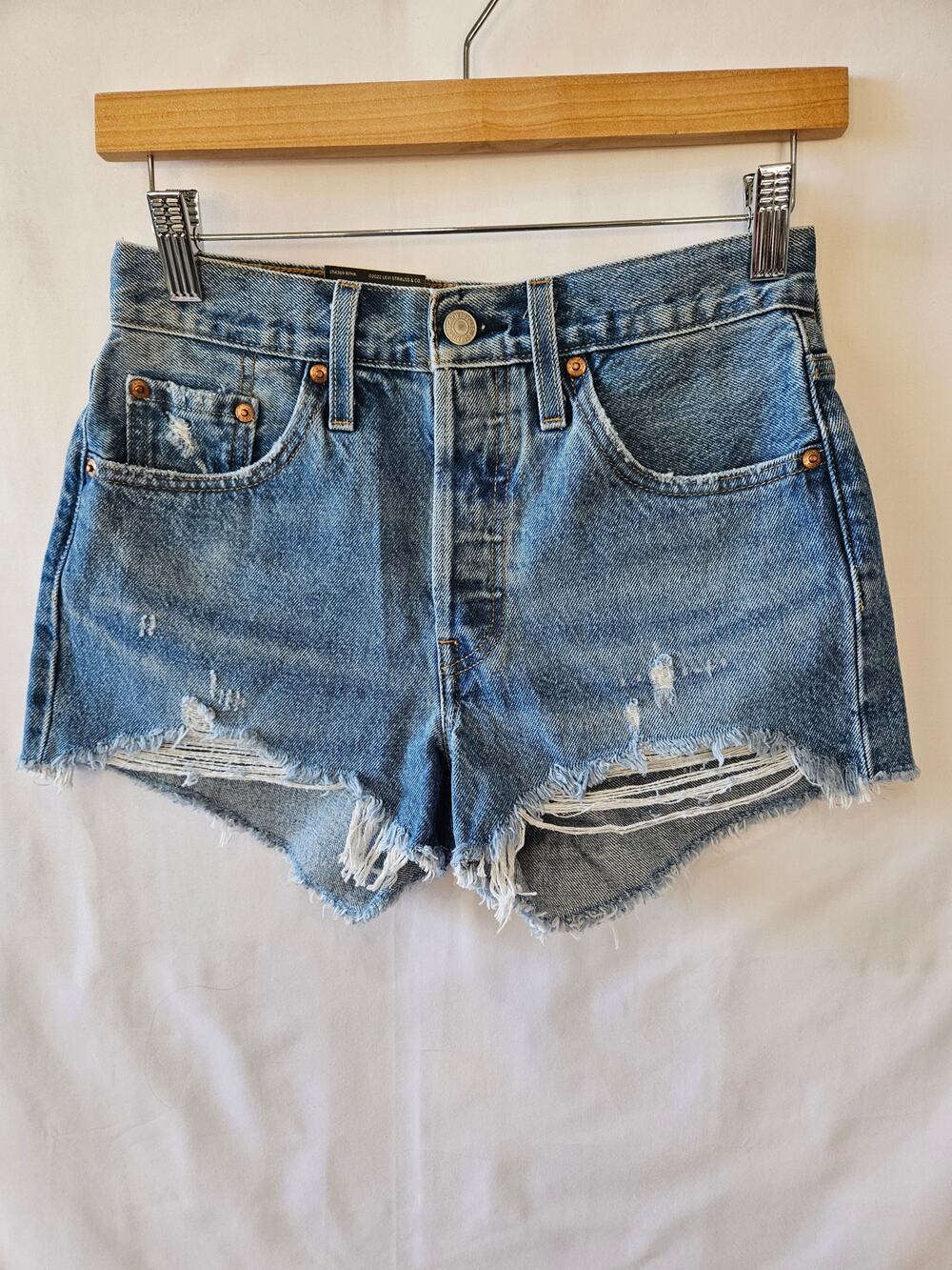 Levi's 501 Shorts High Rise Raw Hem Distressed Blue 25